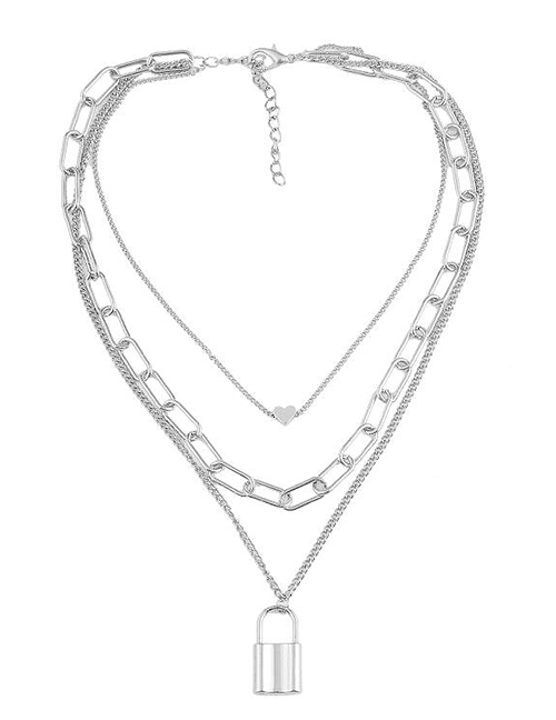 Fashion Silver Alloy Lock Heart Love Multi-layer Necklace