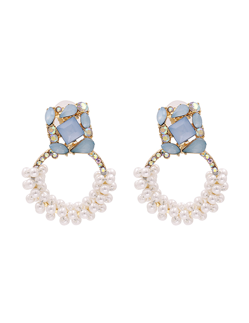 Fashion Blue Geometric Pearl And Diamond Hollow Alloy Earrings