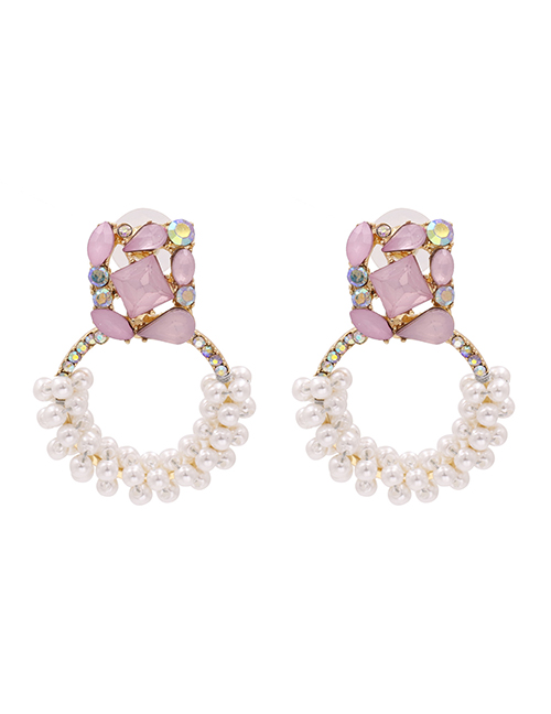Fashion Pink Geometric Pearl And Diamond Hollow Alloy Earrings