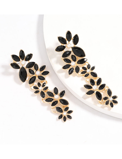 Fashion Black Pearl Alloy Multi-layer Earrings Studded With Diamond Flowers