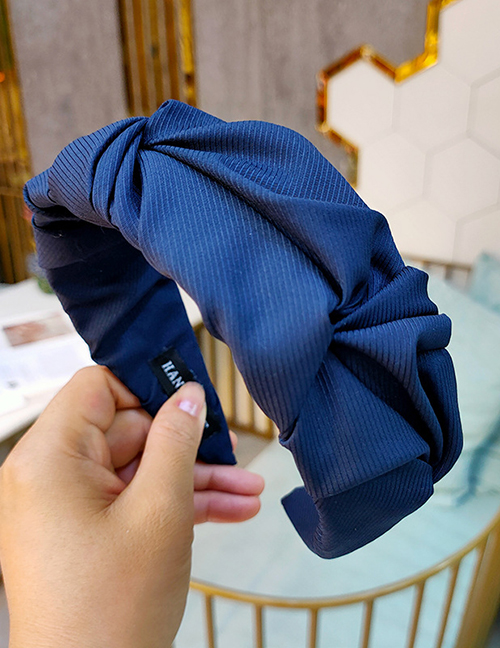 Fashion Navy Blue Fabric Twill Wide-brimple Pleated Knot Headband