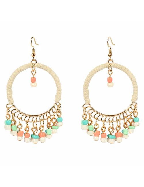 Fashion Color Large Ring Winding Tassel Rice Bead Chain Alloy Earrings