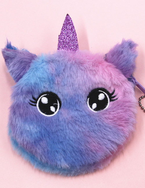 Fashion Big Eyes Purple Unicorn Cat Embroidery Children Plush Coin Purse