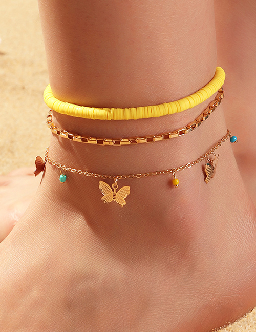 Fashion Yellow Soft Ceramic Butterfly Rice Bead Alloy Multi-layer Anklet