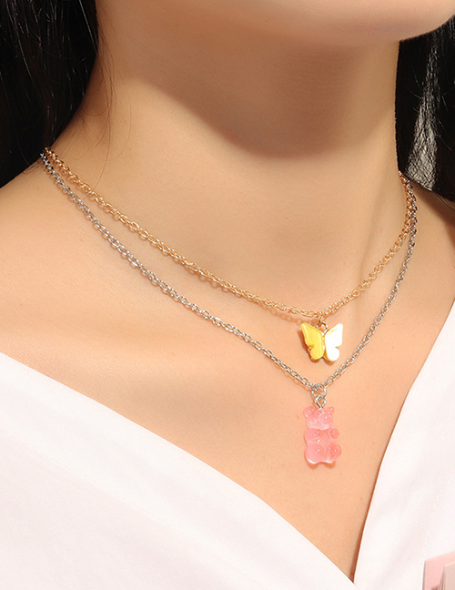 Fashion Pink Resin Bear Butterfly Alloy Necklace