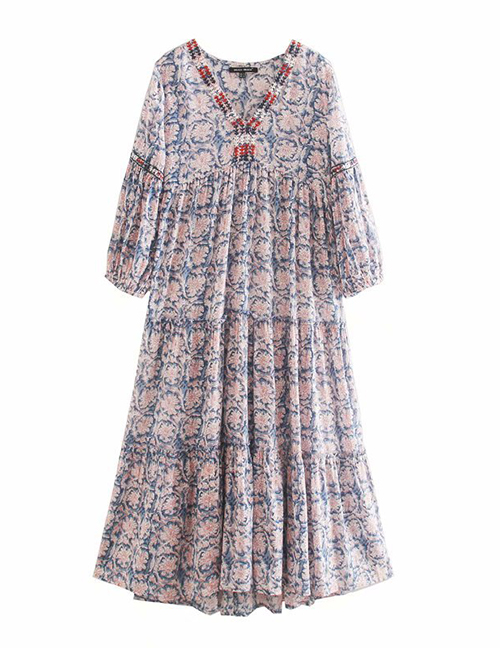 Fashion Blue Embroidered Printed V-neck Stitching Loose Dress