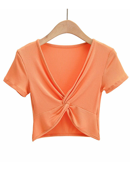 Fashion Orange Cross-shrink V-neck Short Slim T-shirt