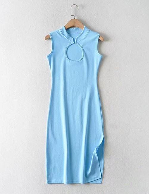 Fashion Blue Cheongsam Sleeveless Slim-out Split Dress