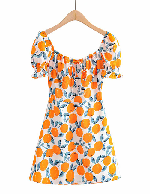 Fashion Orange Orange Flower Print Lace Short Sleeve Dress