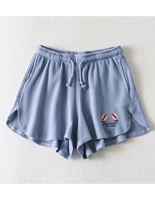 Fashion Blue Gray Flag Embroidered Lace-up Straight Shorts