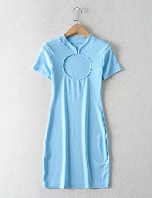 Fashion Blue Cutout Short Sleeve Slim Dress