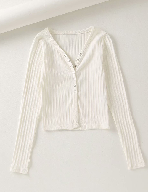 Fashion White V-neck Single-row Snap Buckle Irregular Rib Slim Fit Knitted T-shirt