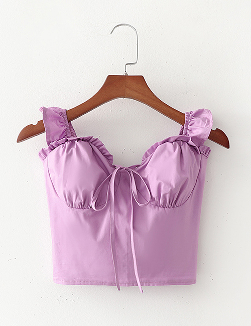 Fashion Purple Ruffled Shoulder Strap Pleated Exposed Navel Top