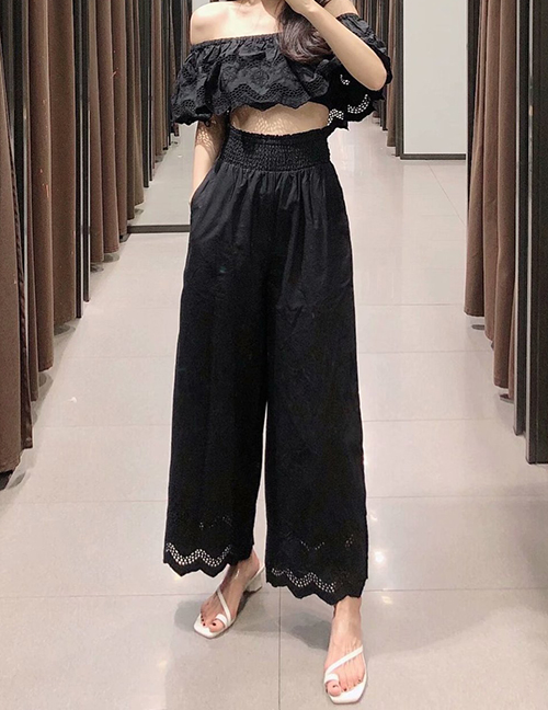 Fashion Black Cutout Embroidered Poplin Lace Straight Pants