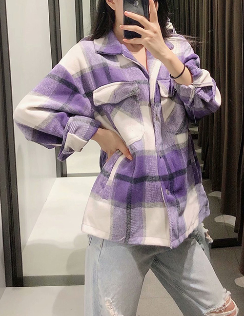 Fashion Purple Checked Woollen Lapel Loose Coat