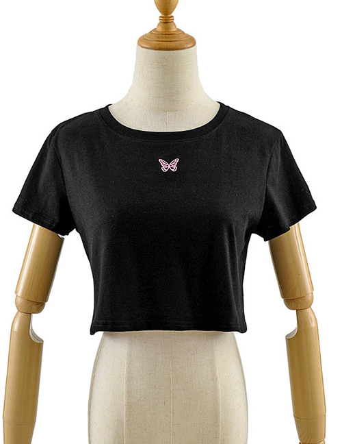 Fashion Black Short Sleeve T-shirt With Loose Butterfly Print