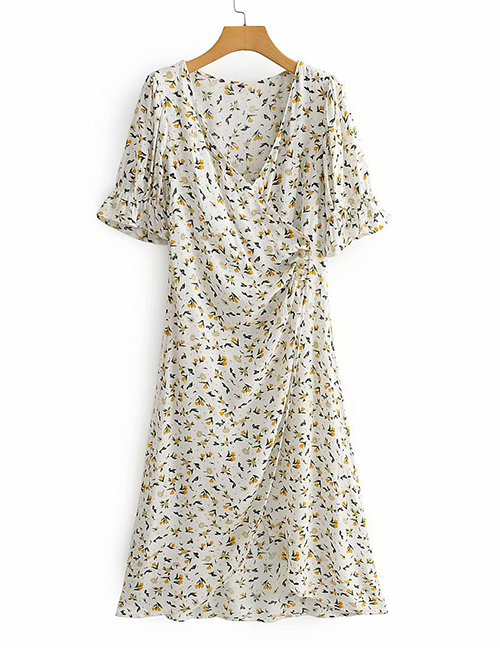 Fashion White V-neck Floral Print Mid-length Lace Dress