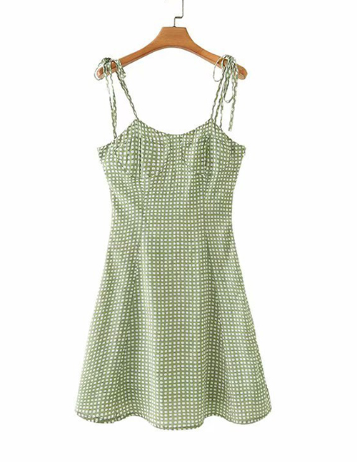 Fashion Green Plaid Lace Halter Dress
