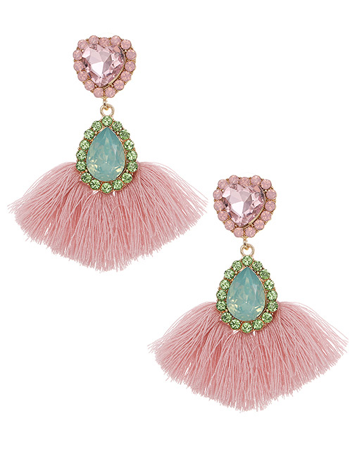 Fashion Pink Love Drop Tassel Earrings With Alloy Diamonds
