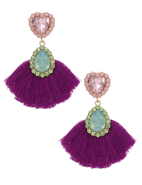 Fashion Purple Love Drop Tassel Earrings With Alloy Diamonds