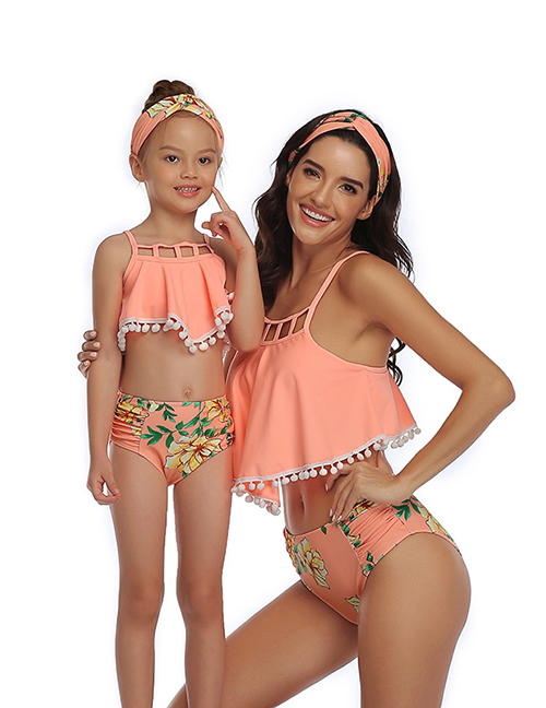Fashion Orange Off-the-shoulder Printed Tassel High Waist Parent-child Split Swimsuit  Nylon