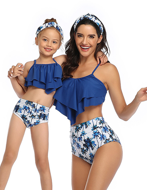 Fashion Under The Blue Coconut Tree Printed Stitching Mesh High Waist Parent-child Split Swimsuit  Nylon