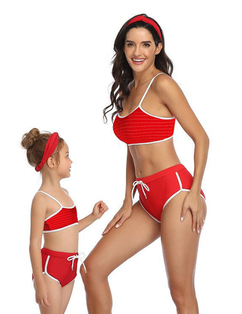 Fashion Play Red Printed Hanging Neck Parent-child Split Swimsuit  Nylon
