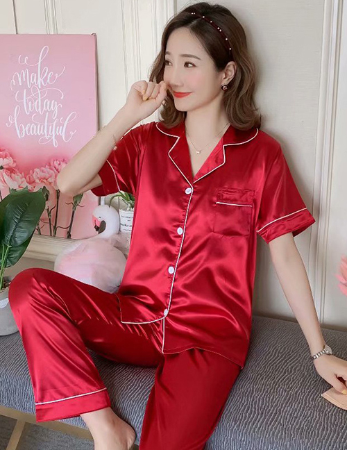 Fashion Red Ice Silk Short Sleeve Printed Cardigan Pajama Set  Silk