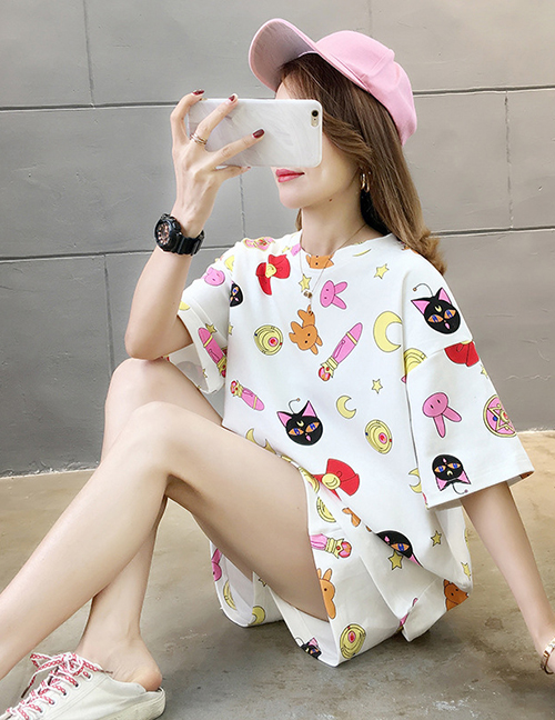 Fashion White Beauty Girl Cotton Loose-fitting Thin-print Printed Home Wear Pajamas Set  Knitted Cotton