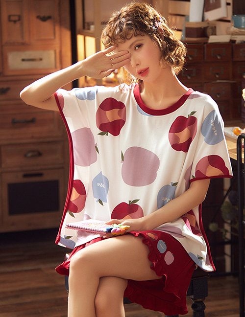 Fashion Big Apple Short-sleeved Cotton Loose Plus Size Printed Pajamas Suit  Cotton