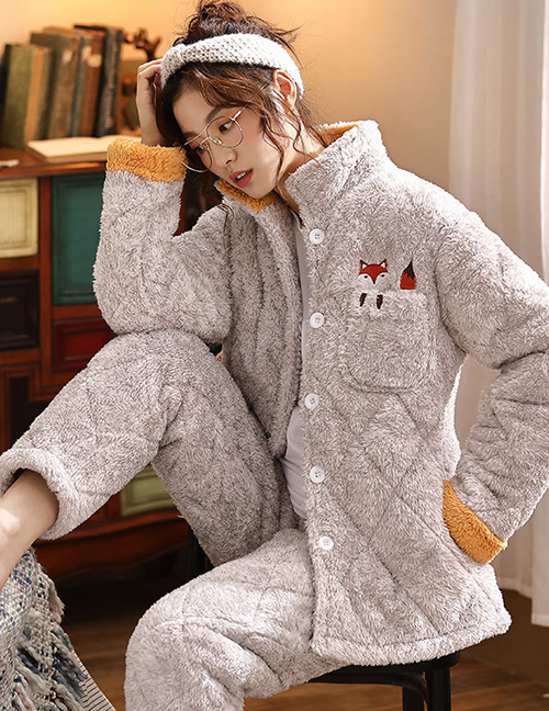 Fashion Gray Coral Velvet Three-layer Thickened Cotton-printed Home Service Suit  Coral Velvet