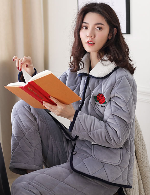 Fashion Gray Flowers Coral Velvet Three-layer Thickened Cotton-printed Home Service Suit  Coral Velvet