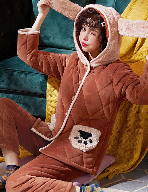Fashion Rabbit Ears Dark Brown Coral Velvet Three-layer Thickened Cotton-printed Home Service Suit  Coral Velvet