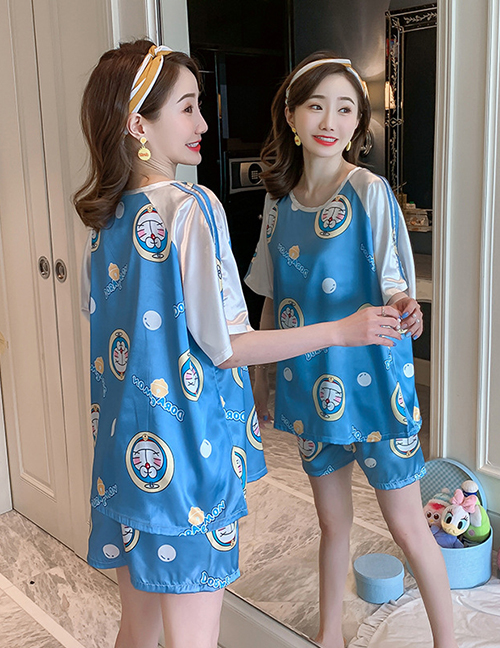 Fashion Doraemon Blue Ice Silk Thin Short-sleeved Printed Large Size Home Service Suit  Silk