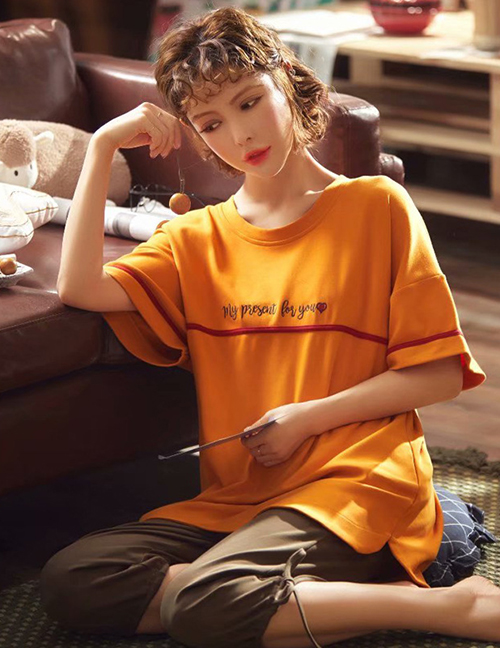 Fashion Orange Love Letter Short-sleeved Cotton Thin Printed Pajama Suit  Cotton