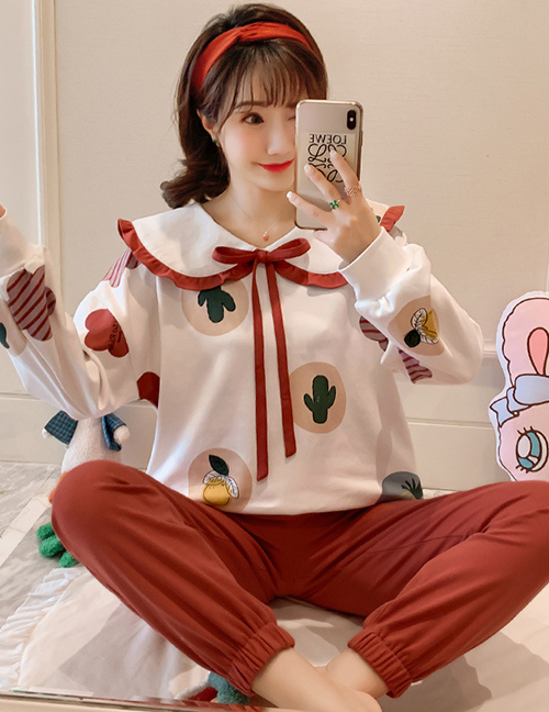 Fashion Cactus Long-sleeved Printed Contrast Cotton Pajamas Suit  Knitted Cotton