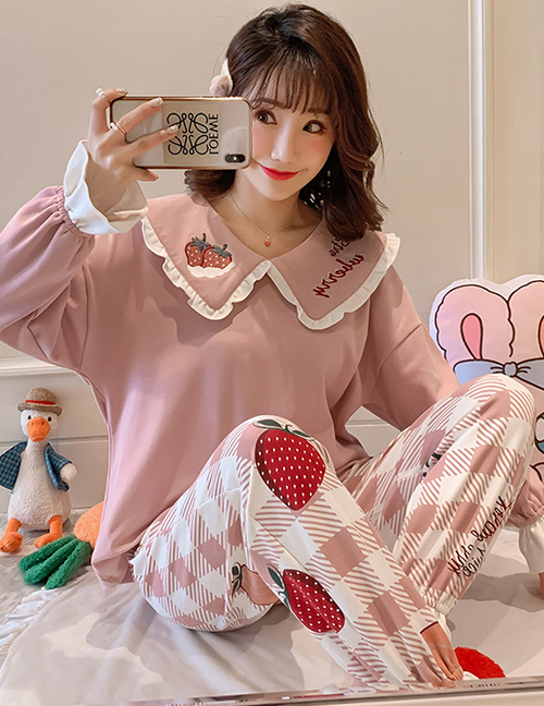 Fashion Strawberry Long-sleeved Printed Contrast Cotton Pajamas Suit  Knitted Cotton