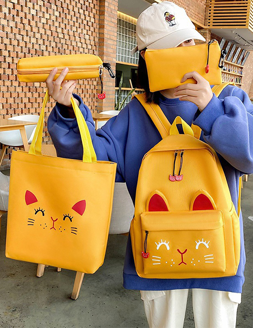 Fashion Yellow Cat Print Contrast Color Shoulder Bag