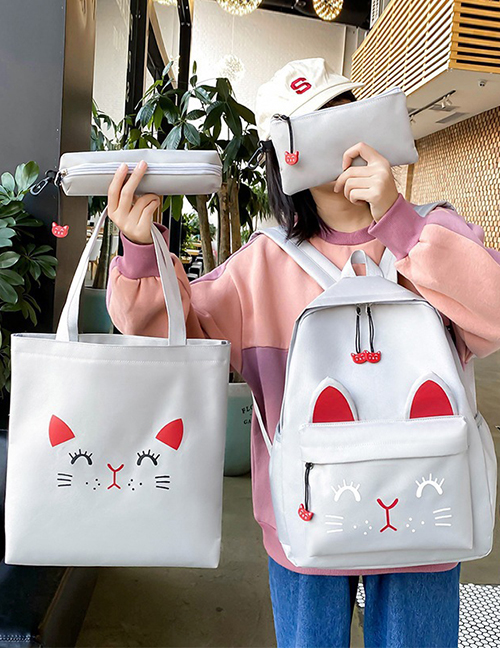 Fashion Light Grey Cat Print Contrast Color Shoulder Bag