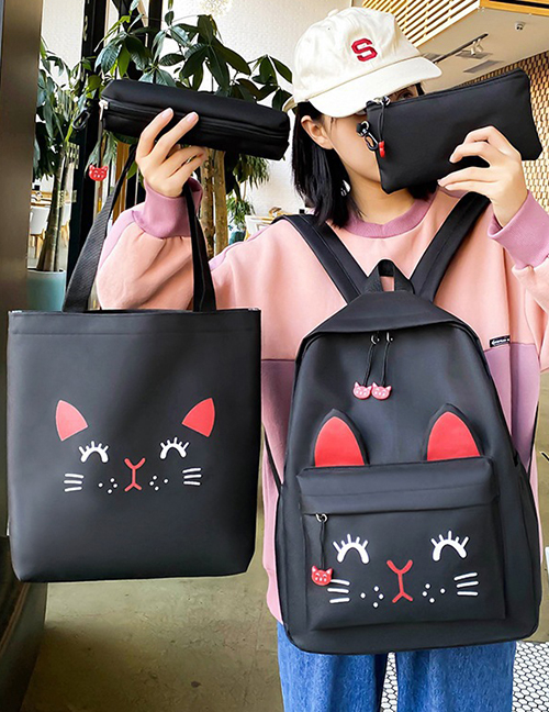 Fashion Black Cat Print Contrast Color Shoulder Bag