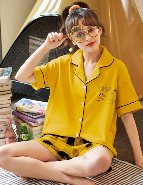 Fashion Yellow Pure Cotton Short-sleeved Thin-print Printed Home Service Pajamas Set  Cotton