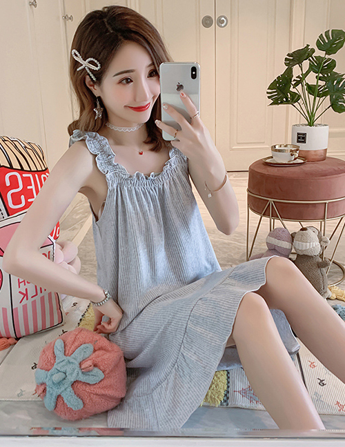 Fashion Gray Thin Cotton Lace Suspender Nightdress With Chest Pad  Cotton