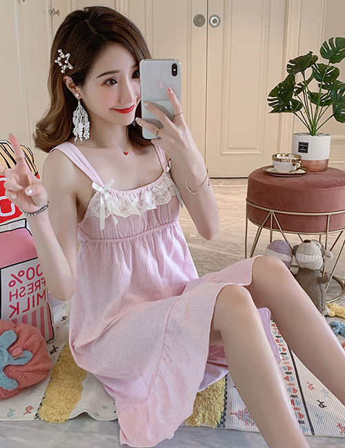 Fashion Pink Thin Cotton Lace Suspender Nightdress With Chest Pad  Cotton