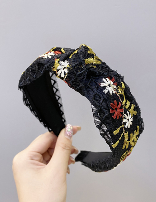 Fashion Black Embroidered Small Flowers With Wide Knotted Mesh Headband