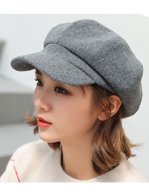 Fashion Gray Wool Stitching Octagonal Cap
