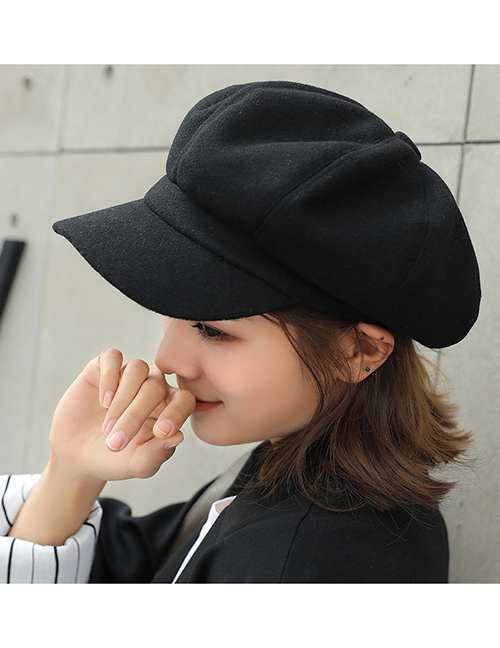 Fashion Black Wool Stitching Octagonal Cap