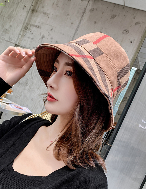 Fashion Khaki Suede Collapsible Plaid Fisherman Hat