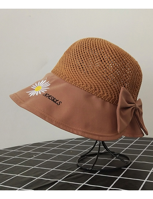 Fashion Caramel Colour Knitted Top Stitching Small Daisy Alphabet Embroidery Bow Fisherman Hat