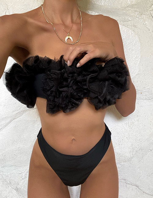 Fashion Black Breast-wraped Mesh High Waist Split Swimsuit