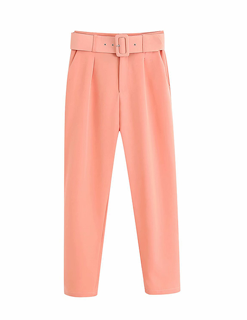 Fashion Pink High Waist Straight Trousers With Belt